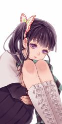 Rule 34 | 1girl, black hair, boots, butterfly hair ornament, cross-laced footwear, hair ornament, highres, hugging own legs, kimetsu no yaiba, lace-up boots, lips, long hair, looking at viewer, purple eyes, side ponytail, solo, tsuto, tsuyuri kanao, uniform, white background