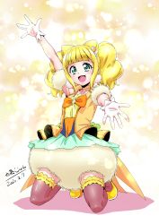Rule 34 | 1girl, blonde hair, blunt bangs, bow, choker, collarbone, commentary request, cure sparkle, dated, earrings, gloves, green eyes, hair ornament, healin&#039; good precure, heart, heart hair ornament, highres, hiramitsu hinata, jewelry, katou jun, kneeling, long hair, looking at viewer, magical girl, open mouth, outstretched arms, precure, shadow, sidelocks, sleeveless, smile, solo, tareme, translation request, twintails, white background, white gloves, yellow background