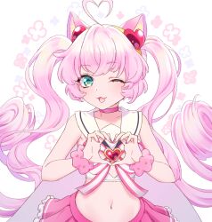 Rule 34 | 1girl, :3, ahoge, animal ears, aqua eyes, blush, cat ears, cat girl, choker, crop top, highres, long hair, looking at viewer, mel6969, one eye closed, pink choker, pink hair, pink skirt, rosia (show by rock!!), shirt, show by rock!!, skirt, smile, solo, twintails, white background, white shirt