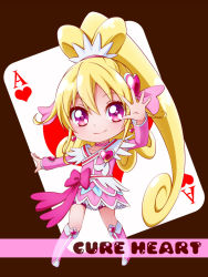 Rule 34 | 1girl, ace (playing card), ace of hearts, aida mana, arm up, arm warmers, asahi haru, bike shorts, bike shorts under skirt, blonde hair, boots, bow, brooch, card, character name, chibi, choker, cure heart, curly hair, dokidoki! precure, full body, hair ornament, half updo, heart, heart brooch, heart hair ornament, jewelry, knee boots, long hair, magical girl, pink bow, pink eyes, pink footwear, playing card, ponytail, precure, ribbon, shorts, shorts under skirt, skirt, smile, solo