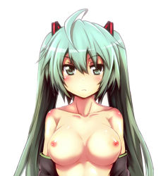 Rule 34 | 1girl, ahoge, blush, breasts, detached sleeves, green eyes, green hair, hatsune miku, large breasts, long hair, matching hair/eyes, nipples, resized, revision, simple background, solo, tanashi (mk2), topless, twintails, vocaloid, white background