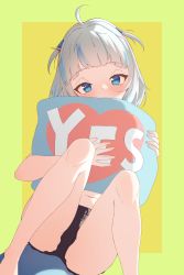 Rule 34 | 1girl, absurdres, ahoge, ass, bare legs, black shorts, blue eyes, blue hair, blunt bangs, blush, covering breasts, covering own mouth, covering privates, dolphin shorts, gawr gura, head tilt, highres, hololive, hololive english, hugging object, knees up, legs, looking at viewer, lucasyecla99, navel, pillow, pillow hug, shorts, simple background, solo, stomach, thighs, two side up, virtual youtuber, white hair, yes, yes-no pillow