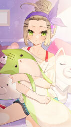 Rule 34 | 1girl, absurdres, ahoge, bare shoulders, blue shorts, blush, brown hair, closed mouth, collarbone, commentary request, forehead, green eyes, hair bun, hair ornament, hairclip, headband, heaven burns red, highres, hugging object, indoors, light rays, looking at viewer, minasenagi, off shoulder, ooshima yotsuha, purple headband, shirt, short shorts, shorts, sidelocks, sitting, solo, strap, stuffed animal, stuffed cat, stuffed toy, upper body, white shirt