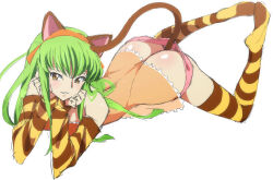 1girl animal_ears ass babydoll back bare_shoulders blush c.c. cat_ears cat_tail code_geass commentary detached_sleeves dutch_angle fake_animal_ears fake_tail full_body green_hair hair_between_eyes hair_spread_out hands_on_own_cheeks hands_on_own_face hands_up head_rest highres knees_apart_feet_together legs long_hair looking_at_viewer lying no_shoes on_stomach orange_babydoll panties panty_pull parted_lips pink_panties seductive_smile see-through see-through_babydoll shou937 sidelocks sketch smile solo striped_clothes striped_sleeves striped_thighhighs tail the_pose thighhighs tsurime underwear yellow_eyes