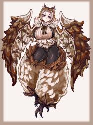 Rule 34 | 1girl, absurdres, alternate hairstyle, bird legs, black eyes, blush, breasts, brown feathers, brown hair, digitigrade, feathered wings, feathers, fluffy, harpy, highres, large breasts, looking at viewer, monster girl, monster girl encyclopedia, neck fur, owl girl, owl mage (monster girl encyclopedia), parted bangs, short hair, simple background, solo, talons, udetamago, white background, winged arms, wings