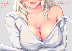 Rule 34 | 1girl, absurdres, armpit cutout, between breasts, blush, breast focus, breasts, character name, cleavage, clothing cutout, collarbone, covered erect nipples, dream41, grey background, grey hair, highres, kantai collection, large breasts, long hair, long sleeves, off shoulder, open mouth, pola (kancolle), shirt, sidelocks, simple background, smile, solo, twitter username, wavy hair, white shirt