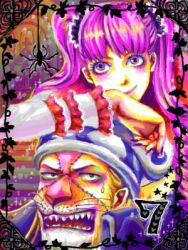 Rule 34 | 1boy, 1girl, 7-tan, absalom, bug, capelet, hat, leaning, long sleeves, lowres, one piece, perona, pink hair, purple eyes, sharp teeth, smile, spider, stitches, teeth, thriller bark, twintails, whiskers