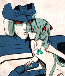 Rule 34 | 1girl, couple, crossover, dress, closed eyes, green hair, hatsune miku, height difference, imminent kiss, long hair, mask, unworn mask, rkp, soundwave (transformers), transformers, very long hair, vocaloid