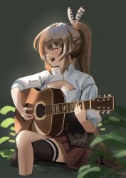 Rule 34 | 1girl, acoustic guitar, brown corset, brown hair, cleavage cutout, closed eyes, clothing cutout, corset, crossed legs, dark background, feather hair ornament, feathers, foliage, guitar, hair ornament, hairclip, highres, hololive, hololive english, instrument, leaf, long hair, music, nanashi mumei, playing instrument, ponytail, red skirt, shirt, singing, single thighhigh, sitting, skirt, solo, thighhighs, very long hair, virtual youtuber, white shirt, yamaharu (xxzf7284)