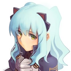 Rule 34 | 1girl, ao no kiseki, armor, blue hair, boa (brianoa), breastplate, closed mouth, eiyuu densetsu, eyes visible through hair, falcom, green eyes, headgear, high collar, highres, looking at viewer, popped collar, simple background, solo, tio plato, twitter username, two side up, upper body, white background, zero no kiseki