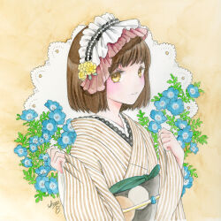 Rule 34 | 1girl, blue flower, blush, brown background, brown eyes, brown hair, closed mouth, commentary, doily, english commentary, flower, hands up, highres, japanese clothes, kimono, long sleeves, looking at viewer, nemophila (flower), obi, original, pinching sleeves, sash, sheepd, short hair, simple background, sleeves past wrists, solo, striped clothes, striped kimono, traditional media, upper body, vertical-striped clothes, vertical-striped kimono, watercolor pencil (medium), wide sleeves, yellow flower