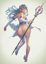 Rule 34 | 1girl, ass, backless dress, backless outfit, bare shoulders, blue hair, breasts, bridal gauntlets, commentary request, dress, fingernails, from behind, garter straps, gradient background, grey background, hair ornament, high heels, highres, holding, homare (fool&#039;s art), lips, looking at viewer, looking back, medium breasts, original, panties, purple eyes, shiny skin, short dress, simple background, staff, thighhighs, thighs, thong, underwear, white footwear, white panties, white thighhighs