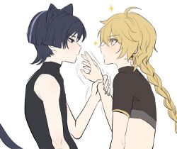 Rule 34 | + +, 2boys, aether (genshin impact), aexiao99, ahoge, animal ear fluff, animal ears, bare shoulders, black hair, black shirt, blonde hair, blunt ends, blush, braid, brown shirt, cat ears, cat tail, closed mouth, earrings, fingernails, genshin impact, hair between eyes, half-closed eye, hand up, highres, holding, holding another&#039;s arm, jewelry, long fingernails, long hair, looking at another, looking to the side, looking up, male focus, mandarin collar, multicolored hair, multiple boys, no headwear, open mouth, purple eyes, purple hair, scaramouche (genshin impact), shirt, short hair, short sleeves, simple background, single earring, sleeveless, sleeveless shirt, standing, star (symbol), sweat, sweatdrop, t-shirt, tail, two-tone hair, v-shaped eyebrows, wanderer (genshin impact), white background, yellow eyes