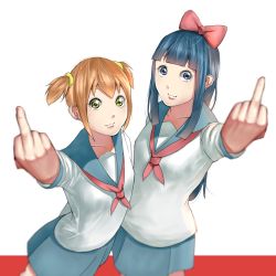Rule 34 | 10s, 2girls, :3, blue eyes, blue hair, blunt bangs, bow, chagataaa, green eyes, hair bow, hime cut, long hair, looking at viewer, middle finger, multiple girls, orange hair, pipimi, poptepipic, popuko, school uniform, serafuku, short hair, short twintails, sidelocks, simple background, skirt, twintails
