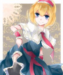 Rule 34 | 1girl, alice margatroid, aridamikannn, black thighhighs, blonde hair, blue dress, blue eyes, border, brown background, capelet, closed mouth, cowboy shot, dress, frilled capelet, frilled dress, frilled hairband, frills, hair between eyes, hairband, lifting own clothes, light smile, looking at viewer, medium hair, red hairband, red ribbon, ribbon, thighhighs, touhou, white border, white capelet, wrist cuffs
