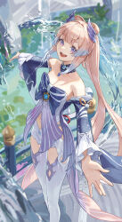 Rule 34 | 1girl, absurdres, bare shoulders, bow-shaped hair, breasts, choker, cleavage, cotta (heleif), detached sleeves, feet out of frame, frilled sleeves, frills, genshin impact, head wings, highres, long hair, long sleeves, looking at viewer, medium breasts, open mouth, purple eyes, sangonomiya kokomi, short shorts, shorts, solo, thighhighs, very long hair, vision (genshin impact), water, white shorts, white thighhighs, wings