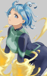Rule 34 | absurdres, blue bodysuit, blue eyes, blue hair, bodysuit, boku no hero academia, commentary request, drill hair, energy, fengling (furin-jp), green bodysuit, hadou nejire, highres, looking at viewer, official alternate hairstyle, parted lips, short hair, superhero costume, twin drills