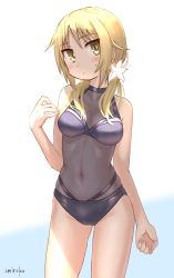 Rule 34 | 1girl, bare arms, bare shoulders, black one-piece swimsuit, blonde hair, blush, breasts, closed mouth, commentary request, flower, hair flower, hair ornament, hair over shoulder, hand up, highres, ichii yui, kirara fantasia, low twintails, medium breasts, one-piece swimsuit, signature, solo, sweat, swimsuit, twintails, umiroku, white flower, yellow eyes, yuyushiki