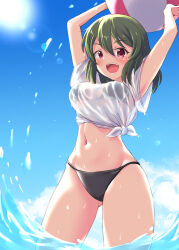 Rule 34 | 1girl, arms up, ball, beachball, bikini, bikini under clothes, black bikini, blue sky, breasts, cloud, green hair, highres, idolmaster, idolmaster million live!, large breasts, nagayoshi subaru, navel, nayan70, open mouth, red eyes, see-through, shirt, short hair, sky, smile, solo, standing, swimsuit, teeth, tied shirt, upper teeth only, wading, water, wet, wet clothes, wet shirt