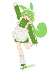 Rule 34 | 1girl, :d, apron, blush, collared jacket, frilled apron, frills, green hair, green jacket, hair between eyes, highres, holding own foot, jacket, jersey maid, kneehighs, leaning to the side, long hair, long sleeves, looking at viewer, loose socks, low-tied long hair, maid, maid headdress, nakkasu, no pants, open mouth, orange eyes, roller skates, shadow, sidelocks, skates, sleeves past wrists, smile, socks, solo, standing, standing on one leg, striped clothes, striped jacket, track jacket, unconventional maid, voicevox, white apron, white socks, zundamon