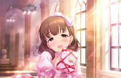 Rule 34 | 1girl, blue eyes, blurry, blurry background, blush, bow, brown hair, choker, depth of field, diary, dress, earrings, floral print, flower pot, frilled choker, frilled sleeves, frills, game cg, hair bow, hands up, holding, idolmaster, idolmaster cinderella girls, idolmaster cinderella girls starlight stage, indoors, jewelry, lens flare, looking at viewer, medium hair, official art, open mouth, pink bow, pink choker, pink dress, puffy short sleeves, puffy sleeves, red ribbon, ribbon, sakuma mayu, short sleeves, solo, sparkle, upper body, window