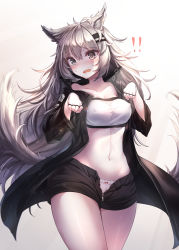 Rule 34 | !, !!, 1girl, absurdres, animal ears, arknights, bad id, bad pixiv id, bandeau, black jacket, black shorts, blush, bow, bow panties, breasts, commentary, covered erect nipples, cowboy shot, fangs, fingerless gloves, gloves, gradient background, grey background, grey eyes, groin, hair between eyes, hair ornament, hairclip, hands up, head tilt, highres, jacket, lappland (arknights), long hair, long sleeves, looking at viewer, mecha (alswp), medium breasts, midriff, navel, nose blush, open clothes, open fly, open jacket, open mouth, panties, paw pose, short shorts, shorts, sidelocks, silver hair, skin fangs, solo, standing, stomach, strapless, tail, thighs, tube top, underwear, very long hair, white background, white gloves, white panties, wolf ears, wolf tail