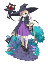 Rule 34 | 1girl, alternate costume, blonde hair, blue eyes, book, boots, cat, closed mouth, dress, fangs, flower, full body, hair ribbon, hat, highres, holding, holding book, holding staff, kill me baby, long hair, long sleeves, looking at viewer, mushroom, purple dress, purple ribbon, ribbon, rock, simple background, skull, solo, sonya (kill me baby), staff, standing, tree, very long hair, white background, witch hat, yachima tana