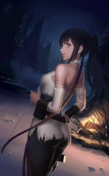Rule 34 | 1girl, absurdres, ass, back, bad id, bad pixiv id, bare shoulders, black hair, bow (weapon), closed mouth, detached sleeves, eyebrows, eyelashes, fire, from behind, grey eyes, gun, halterneck, highres, holding, holding weapon, holster, knife, lara croft, long hair, looking back, night, night sky, nuwangyang (930426), outdoors, pine tree, ponytail, ribbon-trimmed sleeves, ribbon trim, sash, side ponytail, sketch, sky, solo, star (sky), thigh holster, tomb raider, tomb raider (reboot), tree, weapon, wristband