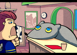 Rule 34 | 1boy, analog clock, animal, blue eyes, booth seating, brown hair, cafe, clock, colored sclera, counter, cup, half-closed eyes, hand on own chin, indoors, jerma985, letterboxed, mouse (animal), nazrin, on counter, oversized animal, setz, sgt pickles (jerma985), short hair, stroking own chin, the giant rat (jerma985), touhou, yellow sclera