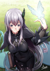 Rule 34 | 1girl, adsouto, black dress, breasts, bug, butterfly, butterfly on hand, colored eyelashes, covered erect nipples, covered navel, cowboy shot, day, dress, echidna (re:zero), floating hair, from above, grey hair, hair ornament, highres, holding, insect, layered sleeves, long hair, long sleeves, medium breasts, outdoors, re:zero kara hajimeru isekai seikatsu, signature, skin tight, solo, standing, very long hair
