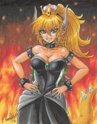 Rule 34 | 1girl, 2018, absurdres, armlet, artist name, black dress, black nails, blonde hair, blue eyes, bowsette, breasts, choker, cleavage, collar, collarbone, cowboy shot, crown, dress, earrings, fangs, female focus, fire, gem, green shell (mario), hands on own hips, highres, horns, jewelry, large breasts, long dress, mario (series), new super mario bros. u deluxe, nintendo, pointy ears, ponytail, ravernclouk design, sharp teeth, smile, solo, spiked armlet, spiked choker, spiked collar, spiked shell, spikes, standing, super crown, tail, teeth, traditional media, v-shaped eyebrows