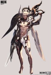 Rule 34 | 1boy, abs, angel, barefoot, between pectorals, bulge, character request, cleavage cutout, clothing cutout, commentary request, destiny child, dragon boy, dragon horns, dragon wings, drawing sword, dual wielding, feathered wings, floating, flying, full body, halo, highres, holding, holding sword, holding weapon, horns, huge weapon, large pectorals, male focus, muscular, muscular male, nipples, pectoral cleavage, pectorals, rinotuna, scales, short hair, solo, stomach, stomach tattoo, sword, sword behind back, tattoo, thick thighs, thigh cutout, thighs, weapon, white hair, wings