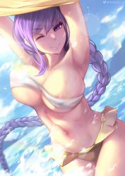 Rule 34 | 1girl, absurdres, armpits, arms behind head, arms up, asymmetrical hair, bandeau, bare shoulders, bb (fate), bb (fate) (all), bb (swimsuit mooncancer) (fate), bb (swimsuit mooncancer) (first ascension) (fate), beach, blush, bouncing breasts, braid, breasts, cleavage, collarbone, cropped jacket, fate/grand order, fate (series), hat, hat ornament, highres, jacket, unworn jacket, large breasts, long hair, long sleeves, looking at viewer, midriff, miniskirt, ocean, one eye closed, purple eyes, purple hair, queasy s, single braid, skirt, smile, solo, star (symbol), thighs, unaligned breasts, very long hair, wading, yellow jacket, yellow skirt