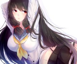 Rule 34 | 10s, 1girl, arms up, black hair, black skirt, blush, breasts, buttons, hair ornament, hair ribbon, isokaze (kancolle), kantai collection, large breasts, long hair, long sleeves, looking to the side, navel, pleated skirt, red eyes, ribbon, school uniform, serafuku, simple background, skirt, solo, tress ribbon, white background, whitenight