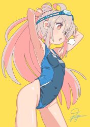 Rule 34 | 1girl, ahoge, ass, blush, breasts, cleavage, competition swimsuit, covered navel, goggles, goggles on head, hair between eyes, highres, jdge, long hair, navel, one-piece swimsuit, onii-chan wa oshimai!, oyama mahiro, pink hair, ponytail, small breasts, solo, swimsuit, thighs, tying hair