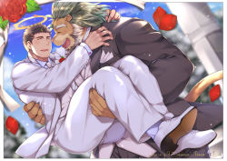 Rule 34 | 2boys, animal ears, arsalan (tokyo houkago summoners), ass, bara, beard, black hair, black suit, blush, carrying, couple, facial hair, fangs, flower, formal, full body, furry, furry male, furry with non-furry, green hair, halo, husband and husband, interspecies, lion boy, lion ears, male focus, mature male, multicolored hair, multiple boys, muscular, muscular male, outdoors, petals, princess carry, rose, shoes, short hair, size difference, smile, stubble, suit, sunlight, thick thighs, thighs, tokyo houkago summoners, two-tone hair, wafu (youzora samo18), wedding, white footwear, white suit, yaoi, yellow eyes, zabaniyya (housamo)