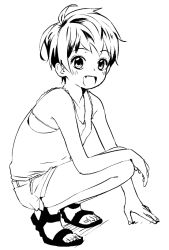 Rule 34 | 1girl, bare shoulders, child, female focus, messy hair, monochrome, open mouth, original, sandals, satsuyo, short hair, solo, squatting, toes, tomboy