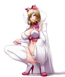 Rule 34 | 1girl, absurdres, ass, bow, breasts, brown hair, cameltoe, cape, center opening, cleavage, closed mouth, collared cape, commentary, curly hair, english commentary, forehead, full body, green eyes, hair ornament, hair ribbon, haruka (senran kagura), high heels, highres, holding, large breasts, looking at viewer, m legs, nail polish, navel, nofuture, panties, patreon username, pink bow, pink ribbon, red footwear, revealing clothes, ribbon, senran kagura, senran kagura estival versus, senran kagura shinovi versus, shadow, simple background, solo, squatting, stomach, thick thighs, thighhighs, thighs, underwear, v-shaped eyebrows, vial, white background, white cape, white panties, white thighhighs