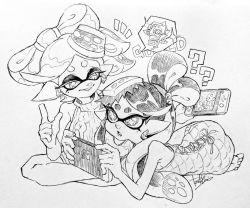 Rule 34 | 2girls, ?, alternate costume, alternate hairstyle, animal crossing, apple, bare shoulders, barefoot, bell, callie (splatoon), cousins, cross-laced clothes, cross-shaped pupils, dress, earrings, flower, food, food on head, fruit, handheld game console, holding, holding handheld game console, inkling, isamu-ki (yuuki), jewelry, jingle bell, leaf, leaf earrings, long hair, looking at another, marie (splatoon), mole, mole under eye, monochrome, multiple girls, nintendo, nintendo switch, object on head, open mouth, pointy ears, ribbed dress, rose, short hair, simple background, sleeveless, sleeveless dress, smile, speech bubble, splatoon (series), spoken object, suction cups, sweater, sweater dress, symbol-shaped pupils, tentacle hair, traditional media, tree, turtleneck, turtleneck dress, villager (animal crossing), white background