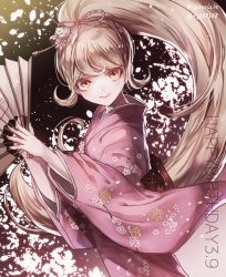 Rule 34 | 1girl, alternate hairstyle, artist name, blonde hair, bow, cat hair ornament, commentary request, danganronpa (series), danganronpa 2: goodbye despair, hair bow, hair ornament, hand fan, happy birthday, holding, holding fan, japanese clothes, kimono, long hair, looking at viewer, pink kimono, ponytail, saionji hiyoko, smile, solo, twitter username, very long hair, yellow eyes, z-epto (chat-noir86)