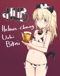 Rule 34 | 1girl, alcohol, alternate costume, animal ears, animal print, beer, bell, bikini, blonde hair, blue eyes, blush, bottle, cat ears, cat girl, cat tail, cow ears, cow girl, cow print, cowbell, cowboy shot, cup, flat chest, groin, hat, helma lennartz, holding, long hair, looking at viewer, lowleg, lowleg bikini, navel, red background, shimada fumikane, side-tie bikini bottom, simple background, smile, solo, strike witches, swimsuit, tail, world witches series