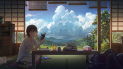 Rule 34 | 1girl, architecture, bag, blouse, book, cloud, commentary, cup, drinking glass, east asian architecture, highres, holding, indian style, indoors, juice, md5 mismatch, mouth hold, original, resolution mismatch, scenery, school bag, shirt, short hair, short shorts, shorts, shouji, sitting, sky, sliding doors, solo, source smaller, studying, sugi87, t-shirt, table, tatami, tissue box, tree, white shirt