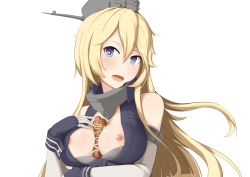 Rule 34 | 10s, absurdres, bad id, bad pixiv id, blonde hair, blue eyes, blush, breast hold, breasts, cleavage, fedsnk, gloves, highres, hot dog, iowa (kancolle), kantai collection, large breasts, nipples, no bra, open clothes, open shirt, rigging, sexually suggestive, shirt, smile, solo, white background