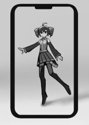 Rule 34 | 1girl, ahoge, ameiro tamanegi, bare shoulders, boots, breasts, closed mouth, collared shirt, commentary request, detached sleeves, drill hair, expressionless, full body, greyscale, highres, kasane teto, long sleeves, looking at viewer, miniskirt, monochrome, pleated skirt, shirt, skirt, small breasts, solo, thigh boots, twin drills, utau