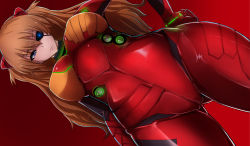 Rule 34 | 1girl, alternate breast size, blue eyes, bodysuit, breasts, breasts apart, cameltoe, closed mouth, cowboy shot, crotch seam, dutch angle, evangelion: 3.0 you can (not) redo, eyepatch, from below, glowing, gluteal fold, gradient background, hair between eyes, hand on own hip, headgear, interface headset, large breasts, long hair, looking at viewer, multicolored bodysuit, multicolored clothes, neon genesis evangelion, neon trim, orange bodysuit, orange hair, pilot suit, plugsuit, rebuild of evangelion, red background, red bodysuit, saketanuki, serious, sideways, skin tight, solo, souryuu asuka langley, standing, test plugsuit, thighs, two side up, v-shaped eyebrows, wavy hair