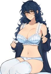 Rule 34 | 1girl, absurdres, aoba tsugumi, blue bra, blue hair, blue jacket, blue panties, blue thighhighs, bra, breasts, cleavage, closed mouth, ensemble stars!, genderswap, genderswap (mtf), glasses, highres, jacket, jacket partially removed, lace trim, large breasts, lingerie, long hair, looking at viewer, lummy yummy, open clothes, open jacket, panties, smile, solo, thighhighs, underwear, wavy hair, white background, yellow eyes