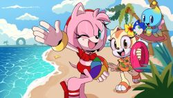Rule 34 | 2girls, amy rose, animal ears, arm up, ball, bangle, beach, beachball, bikini, blue sky, blush, bracelet, chao (sonic), cloud, day, female focus, flower, flower necklace, food, furry, furry female, green eyes, half-closed eye, hikariviny, holding, holding food, holding ice cream, holding swim ring, ice cream, innertube, jewelry, lei, looking at viewer, looking back, multiple girls, necklace, ocean, one eye closed, open mouth, outdoors, palm tree, red bikini, sand, sandals, shore, sky, smile, sonic (series), standing, swim ring, swimsuit, tail, teeth, toes, tree, upper teeth only, water, wink, yellow eyes