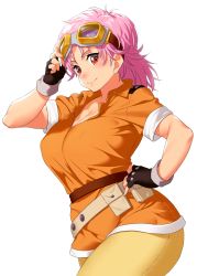 Rule 34 | 1girl, belt, belt pouch, blush, breasts, brown gloves, closed mouth, cowboy shot, curvy, dragon quest, dragon quest dai no daibouken, fingerless gloves, fingernails, gloves, goggles, goggles on head, hand on own hip, hand up, highres, large breasts, looking at viewer, maam, medium hair, onsoku inu, orange shirt, pants, pink hair, pouch, red eyes, shirt, short sleeves, simple background, smile, solo, white background, yellow pants