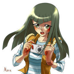 Rule 34 | 1girl, blood, blood on hands, blush, camera, carly nagisa, holding, long hair, long sleeves, looking at viewer, lowres, shirt, simple background, solo, t-shirt, upper body, very long hair, vest, white background, yu-gi-oh!, yu-gi-oh! 5d&#039;s
