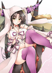 Rule 34 | 1girl, black hair, black horns, blush, breasts, cherry, closed mouth, commentary, detached sleeves, dress, eyeball, fate/grand order, fate (series), feet out of frame, food, fruit, hand on own leg, hand up, highres, holding, holding food, holding fruit, horn ornament, horn ring, horns, large breasts, long hair, looking at viewer, mouth hold, multicolored horns, navel, pink horns, pink ribbon, pink thighhighs, ribbon, sessyoin kiara, sezok, sideboob, simple background, sitting, smile, solo, tassel, thighhighs, underboob, white background, white dress, white veil, wide sleeves, yellow eyes